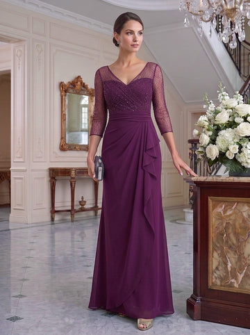 Sheath/Column V-Neck Mother of the Bride Dresses With Rhinestones Ruched Ruffles 3/4 Sleeves Ankle-Length