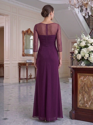Sheath/Column V-Neck Mother of the Bride Dresses With Rhinestones Ruched Ruffles 3/4 Sleeves Ankle-Length