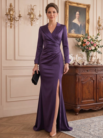 Trumpet/Mermaid V-Neck Satin Mother of The Bride Dresses with Split Side Long Sleeves Ruched Floor-Length