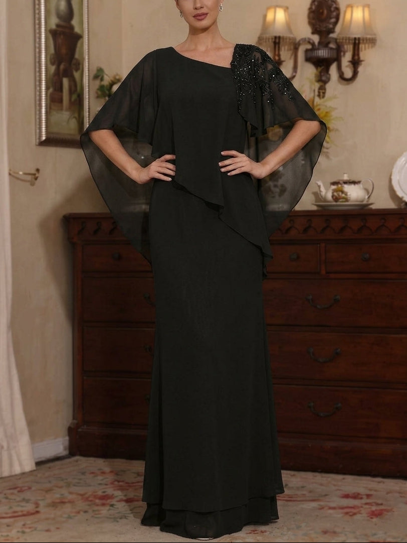 Sheath/Column Chiffon Asymmetrical Neck Mother of the Bride Dresses Floor-Length Short Sleeves