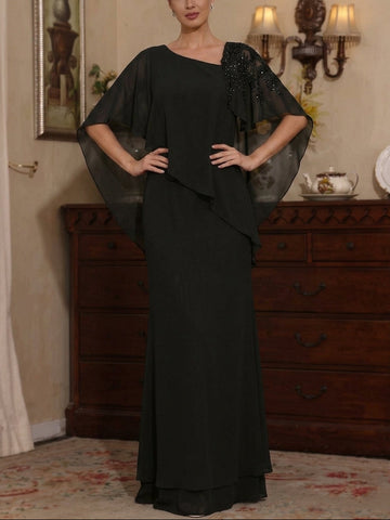 Sheath/Column Chiffon Asymmetrical Neck Mother of the Bride Dresses Floor-Length Short Sleeves