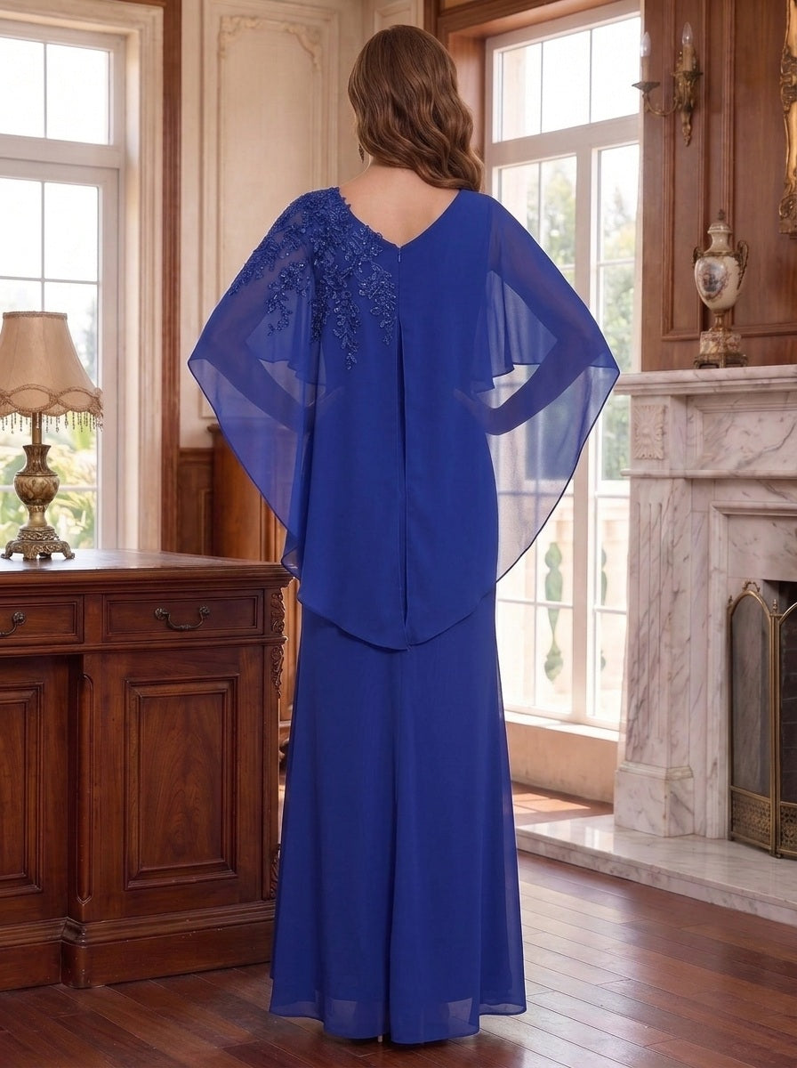 Sheath/Column Chiffon Asymmetrical Neck Mother of the Bride Dresses Floor-Length Short Sleeves