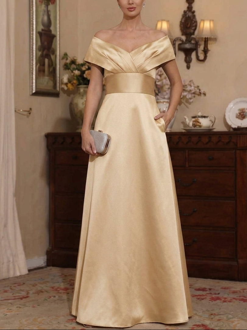 A-Line/Princess Off-the-Shoulder Satin Mother of The Bride Dresses with Pockets Sleeveless Ruched Floor-Length