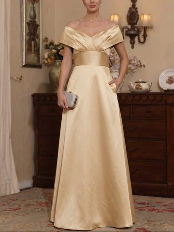 A-Line/Princess Off-the-Shoulder Satin Mother of The Bride Dresses with Pockets Sleeveless Ruched Floor-Length