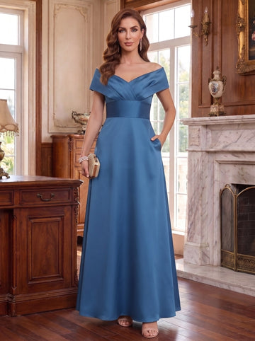 A-Line/Princess Off-the-Shoulder Satin Mother of The Bride Dresses with Pockets Sleeveless Ruched Floor-Length
