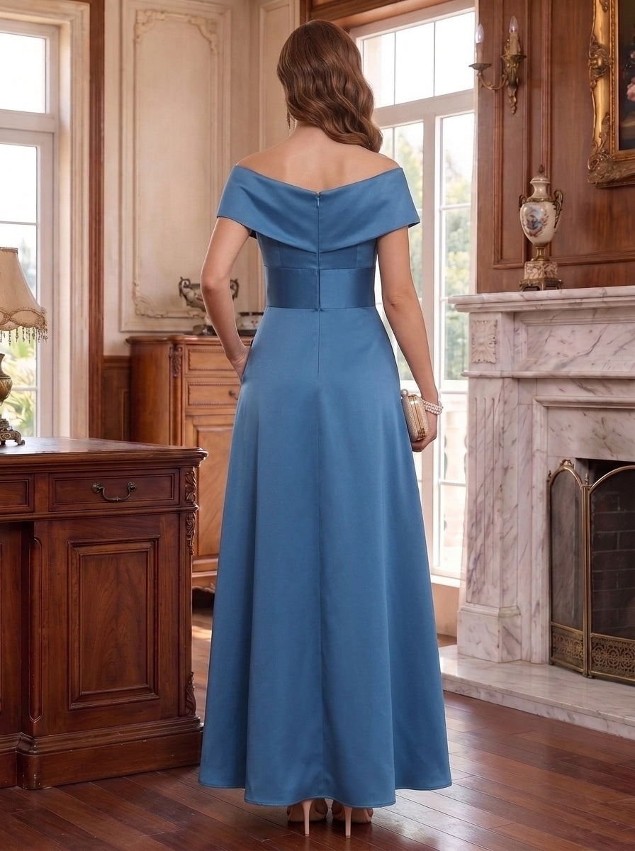 A-Line/Princess Off-the-Shoulder Satin Mother of The Bride Dresses with Pockets Sleeveless Ruched Floor-Length