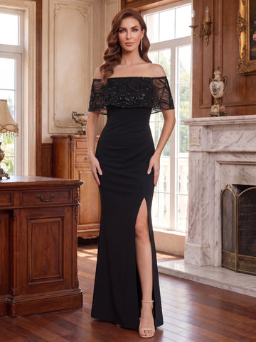 Sheath/Column Off-the-Shoulder Mother of the Bride Dresses with Split Side Sleeveless Beading Floor-Length