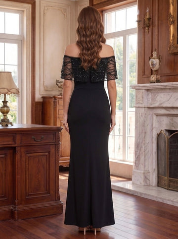 Sheath/Column Off-the-Shoulder Mother of the Bride Dresses with Split Side Sleeveless Beading Floor-Length