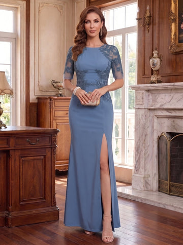 Sheath/Column Scoop Stretch Satin Mother of the Bride Dresses with Split Side Short Sleeves Floor-Length Lace