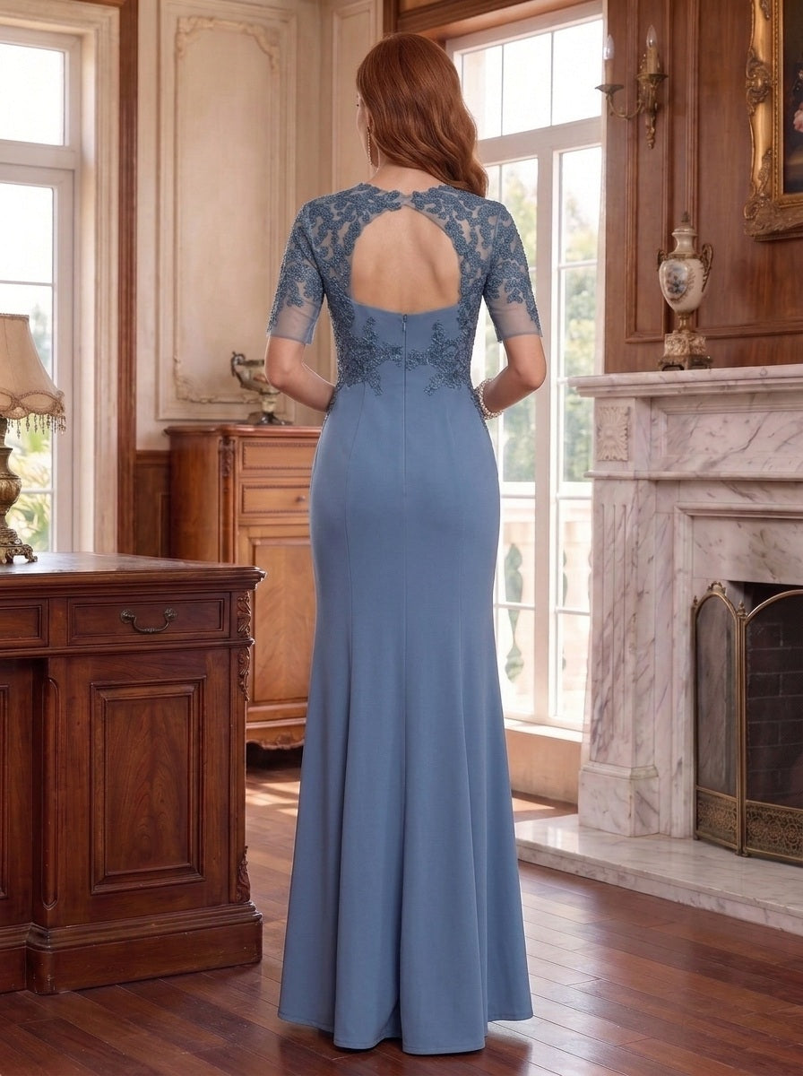 Sheath/Column Scoop Stretch Satin Mother of the Bride Dresses with Split Side Short Sleeves Floor-Length Lace