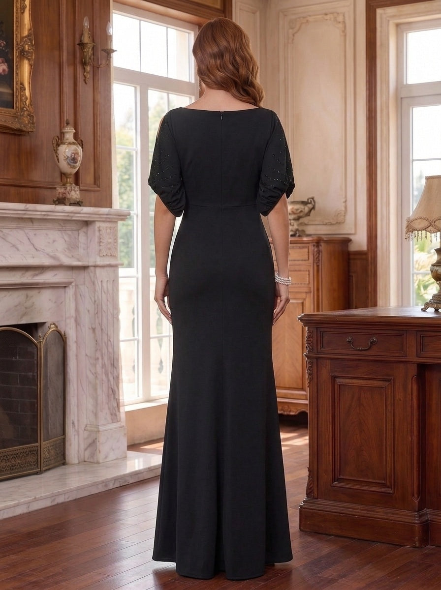 Sheath/Column Scoop Stretch Satin Mother of the Bride Dresses Short Sleeves Floor-Length Beading