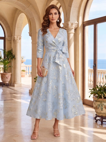 A-Line/Princess V-Neck Jacquard Mother of the Bride Dresses 3/4 Sleeves Floral Tea-Length Bowknot