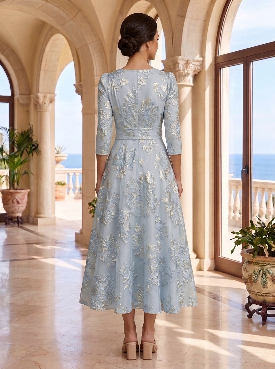 A-Line/Princess V-Neck Jacquard Mother of the Bride Dresses 3/4 Sleeves Floral Tea-Length Bowknot