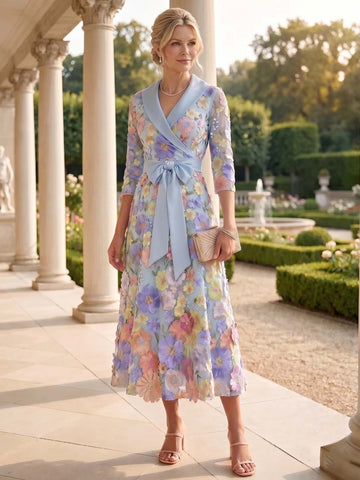 A-Line/Princess V-Neck Satin Mother of The Bride Dresses 3/4 Sleeves Lace Floral Tea-Length Bowknot
