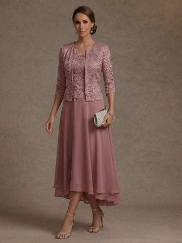 A-Line Scoop 3/4 Sleeves Tea Length Mother of the Bride & Groom Dresses Lace With Jacket