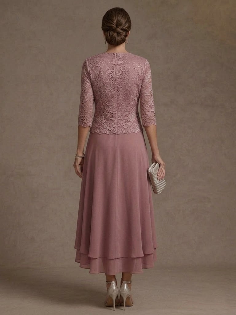 A-Line Scoop 3/4 Sleeves Tea Length Mother of the Bride & Groom Dresses Lace With Jacket