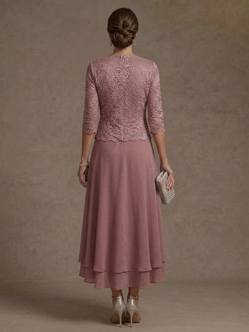 A-Line Scoop 3/4 Sleeves Tea Length Mother of the Bride & Groom Dresses Lace With Jacket