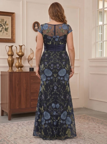 Trumpet/Mermaid Scoop Lace Floral Plus Size Mother of the Bride Dresses with Sash Short Sleeves Floor-Length