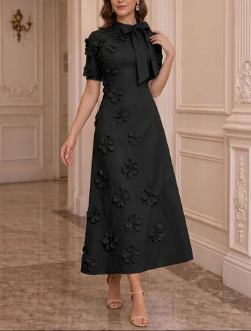 A-Line/Princess Mock Neck Stretch Satin Mother of the Bride Dresses with 3D Flowers Short Sleeves Tea-Length Bowknot