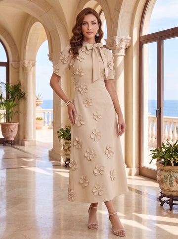 A-Line/Princess Mock Neck Stretch Satin Mother of the Bride Dresses with 3D Flowers Short Sleeves Tea-Length Bowknot