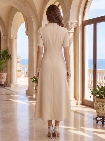 A-Line/Princess Mock Neck Stretch Satin Mother of the Bride Dresses with 3D Flowers Short Sleeves Tea-Length Bowknot
