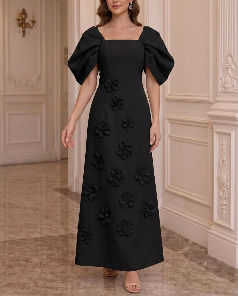 A-Line/Princess Square Collar Stretch Satin Mother of the Bride Dresses with 3D Flowers Puff Sleeves Ankle-Length