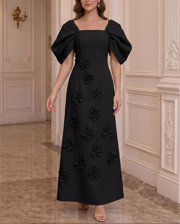 A-Line/Princess Square Collar Stretch Satin Mother of the Bride Dresses with 3D Flowers Puff Sleeves Ankle-Length