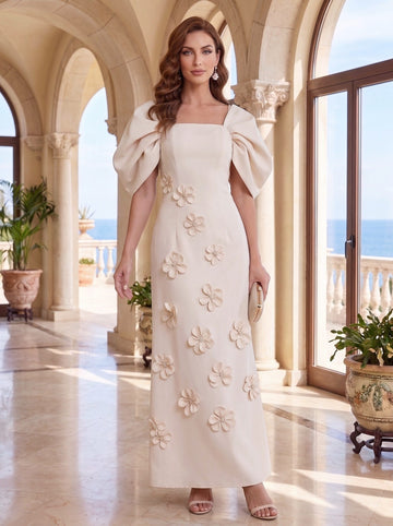 A-Line/Princess Square Collar Stretch Satin Mother of the Bride Dresses with 3D Flowers Puff Sleeves Ankle-Length