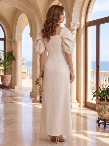 A-Line/Princess Square Collar Stretch Satin Mother of the Bride Dresses with 3D Flowers Puff Sleeves Ankle-Length