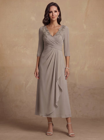 A-Line/Princess V-Neck Chiffon Mother of the Bride Dresses 3/4 Sleeves Lace Tea-Length With Pleated