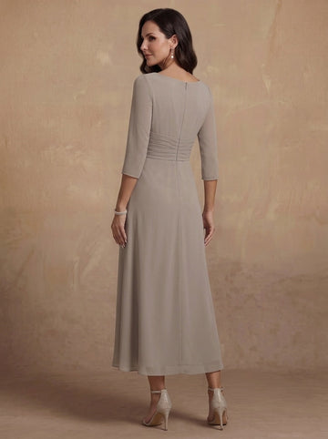 A-Line/Princess V-Neck Chiffon Mother of the Bride Dresses 3/4 Sleeves Lace Tea-Length With Pleated