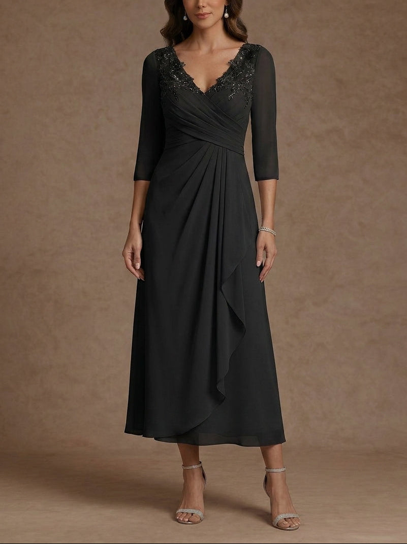 A-Line/Princess V-Neck Chiffon Mother of the Bride Dresses 3/4 Sleeves Lace Tea-Length With Pleated