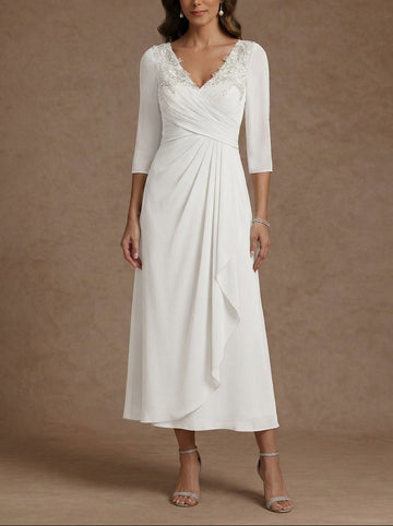 A-Line/Princess V-Neck Chiffon Mother of the Bride Dresses 3/4 Sleeves Lace Tea-Length With Pleated