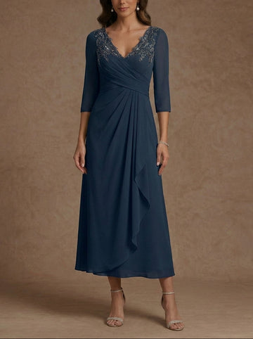 A-Line/Princess V-Neck Chiffon Mother of the Bride Dresses 3/4 Sleeves Lace Tea-Length With Pleated