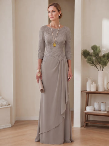 A-Line/Princess Scoop Chiffon Mother of the Bride Dresses 3/4 Sleeves Lace Floor-Length With Pleated