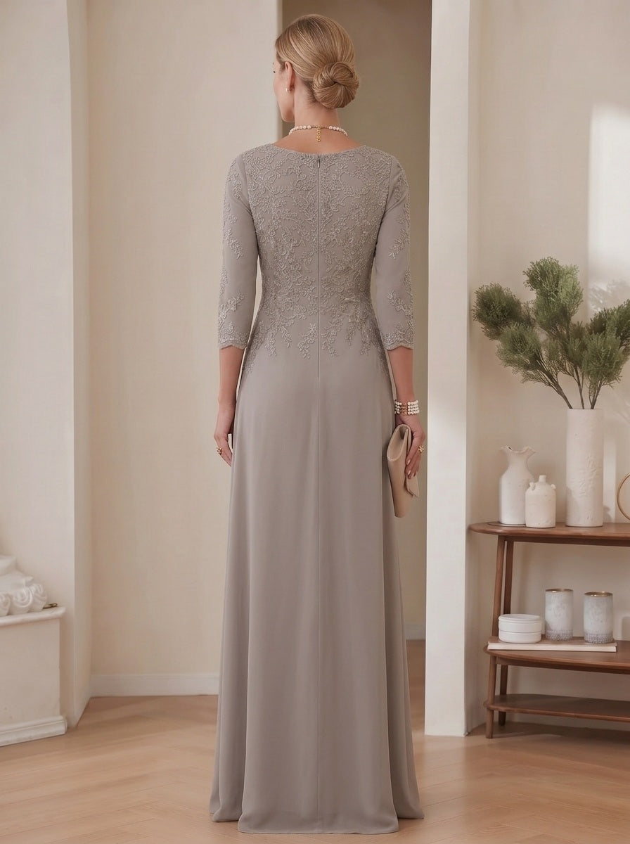 A-Line/Princess Scoop Chiffon Mother of the Bride Dresses 3/4 Sleeves Lace Floor-Length With Pleated