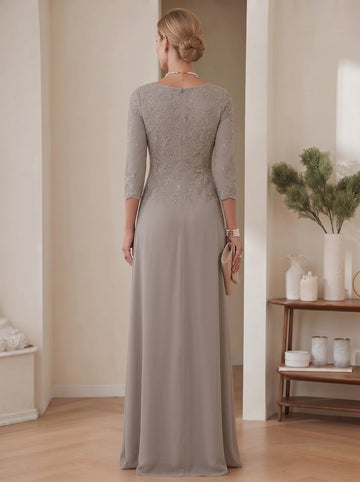 A-Line/Princess Scoop Chiffon Mother of the Bride Dresses 3/4 Sleeves Lace Floor-Length With Pleated