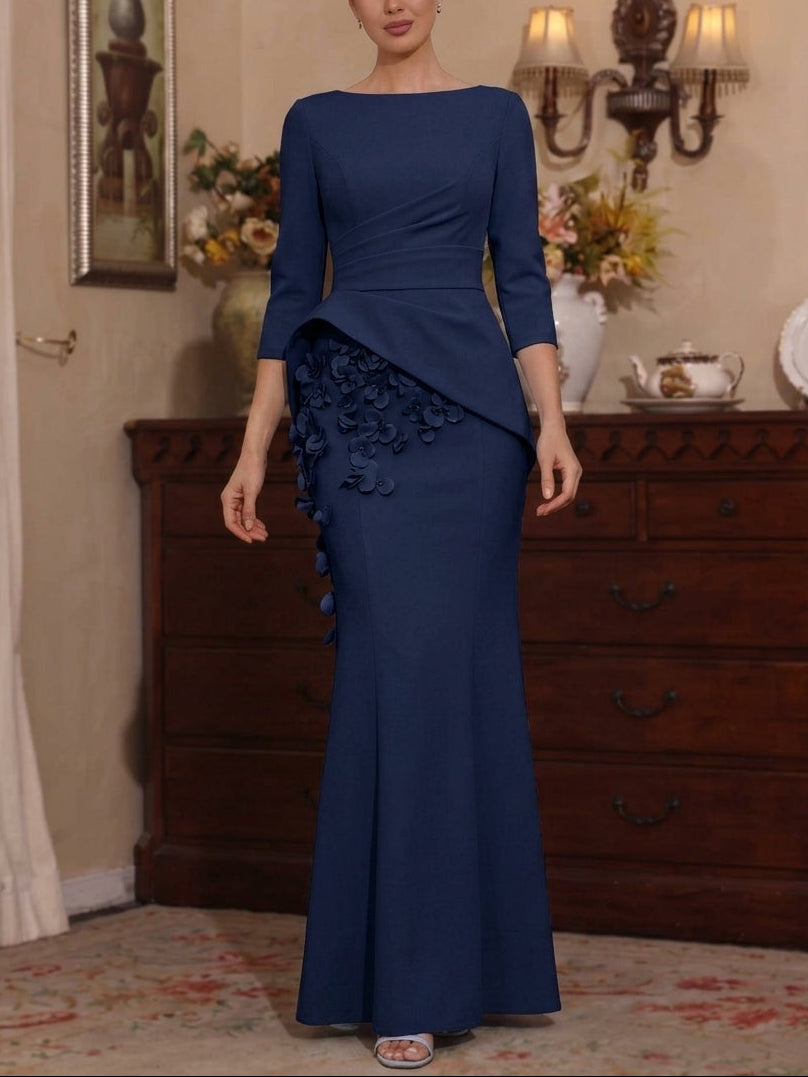 Trumpet/Mermaid Boat Neck Stretch Satin Mother of the Bride Dresses with 3D Flowers 3/4 Sleeves Floor-Length