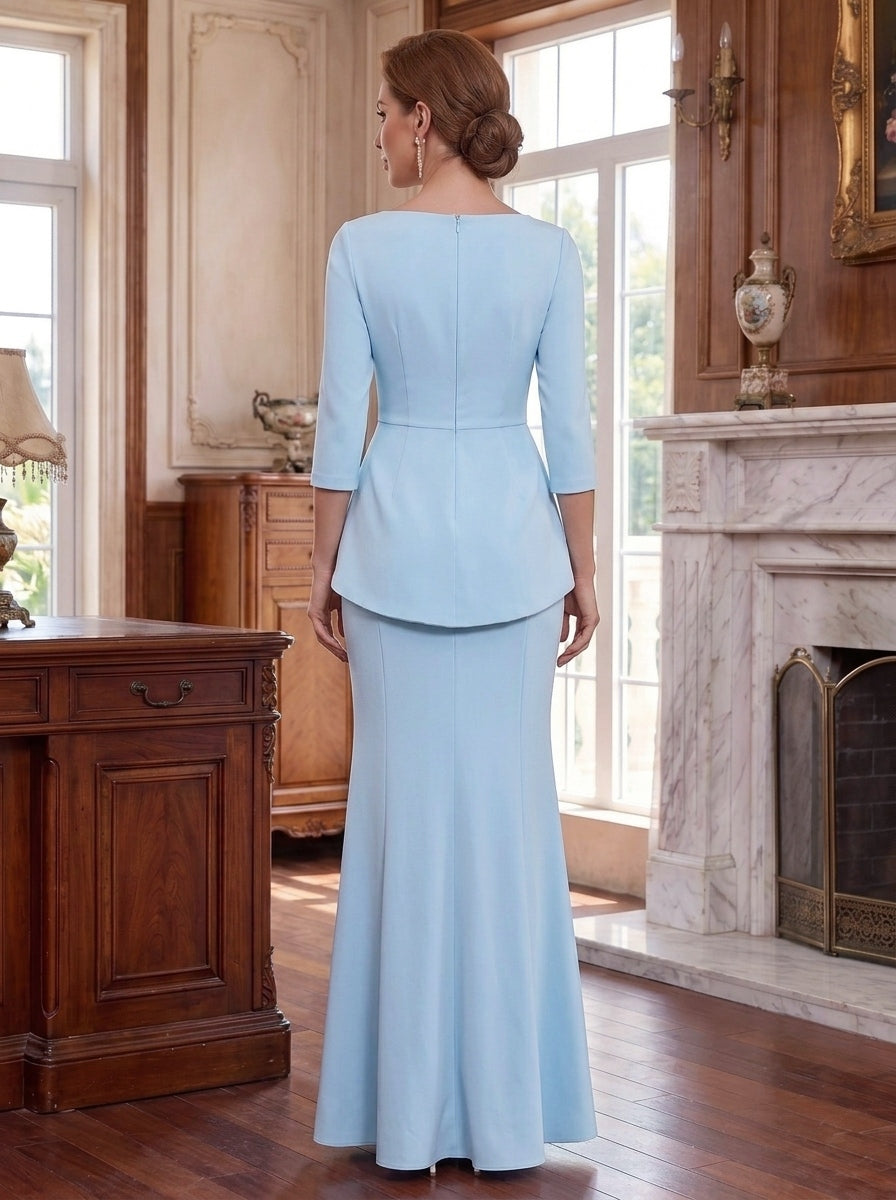 Trumpet/Mermaid Boat Neck Stretch Satin Mother of the Bride Dresses with 3D Flowers 3/4 Sleeves Floor-Length