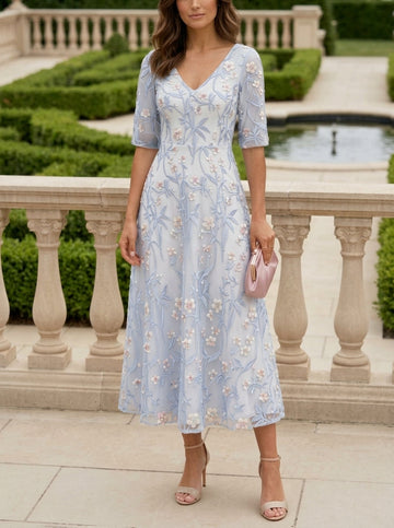 A-Line/Princess V-Neck Embroidery Mother of the Bride Dresses Floral Half Sleeves Tea-Length