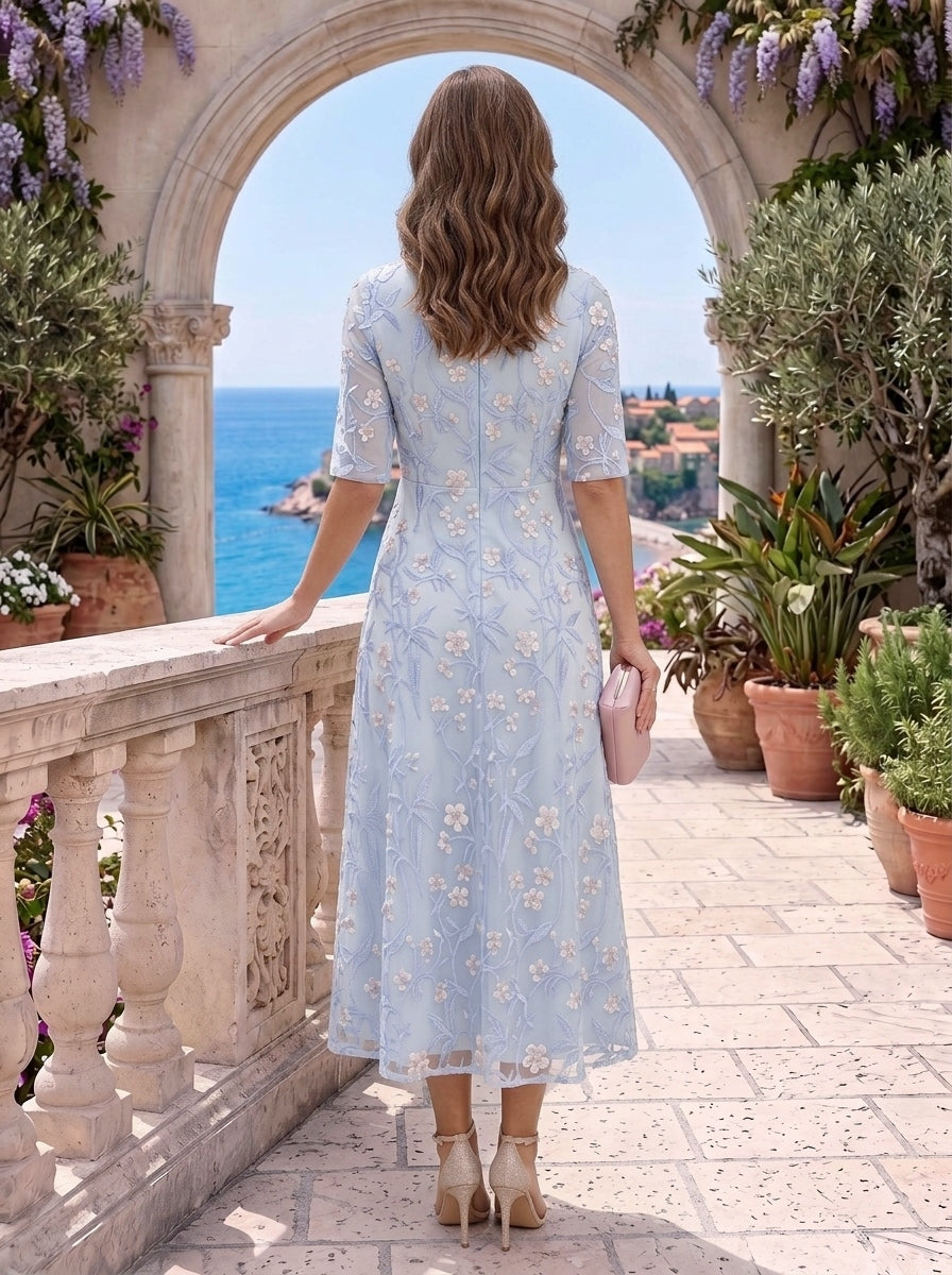 A-Line/Princess V-Neck Embroidery Mother of the Bride Dresses Floral Half Sleeves Tea-Length