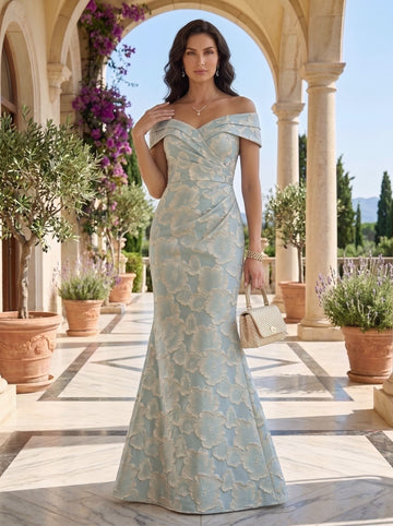 Trumpet/Mermaid Off-the-Shoulder Jacquard Mother of the Bride Dresses Sleeveless Floral Floor-Length Ruched