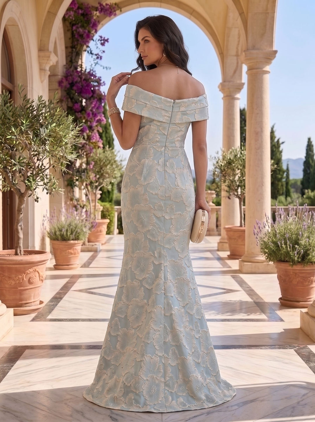 Trumpet/Mermaid Off-the-Shoulder Jacquard Mother of the Bride Dresses Sleeveless Floral Floor-Length Ruched