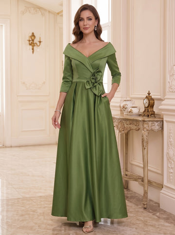 A-Line/Princess Off-the-Shoulder Satin Mother of the Bride Dresses 3/4 Sleeves Ankle-Length 3D Flower