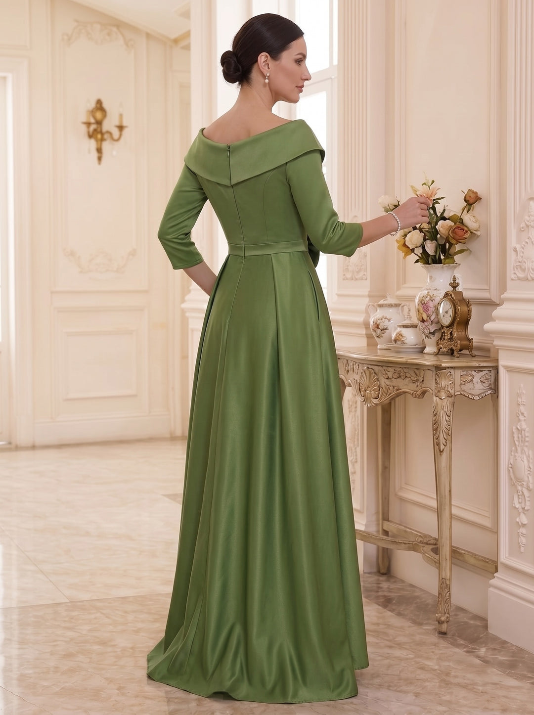 A-Line/Princess Off-the-Shoulder Satin Mother of the Bride Dresses 3/4 Sleeves Ankle-Length 3D Flower