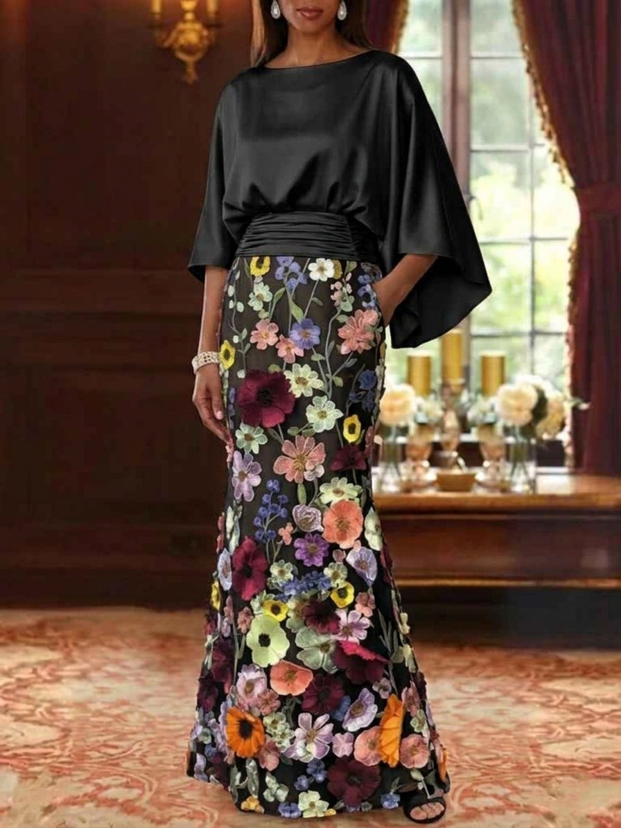Trumpet/Mermaid Floral Mother Of The Bride Dresses Silk Satin Floor Length 3/4 Sleeves Ruched