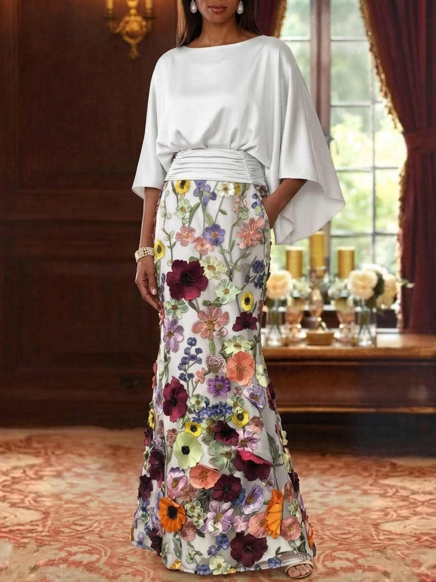 Trumpet/Mermaid Floral Mother Of The Bride Dresses Silk Satin Floor Length 3/4 Sleeves Ruched