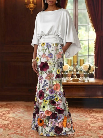 Trumpet/Mermaid Floral Mother Of The Bride Dresses Silk Satin Floor Length 3/4 Sleeves Ruched