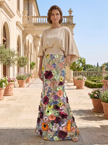 Trumpet/Mermaid Floral Mother Of The Bride Dresses Silk Satin Floor Length 3/4 Sleeves Ruched