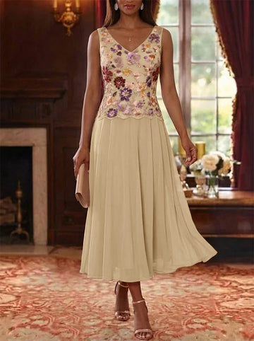 2 Pieces A-Line/Princess V-Neck Chiffon Mother of the Bride Dresses with Jacket Floral 3/4 Sleeves Tea-Length